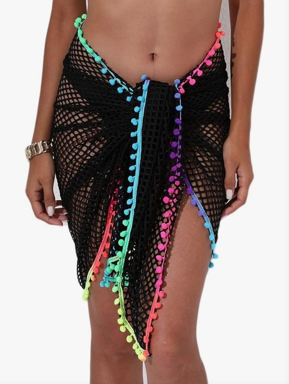 Black Mesh Swim Sarong with Neon Pom Trim